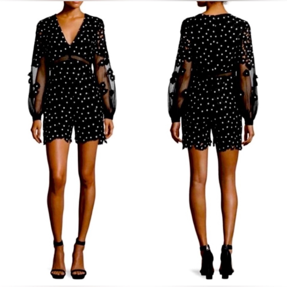 Self-Portrait Daisy Dot Floral Boho Lace Rompe Sheer-Sleeve Embellished Romper